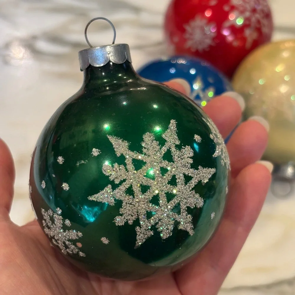Vintage Glass Ball Ornaments Set of 4 Multicolor Snowflake Glitter MCM 2.5